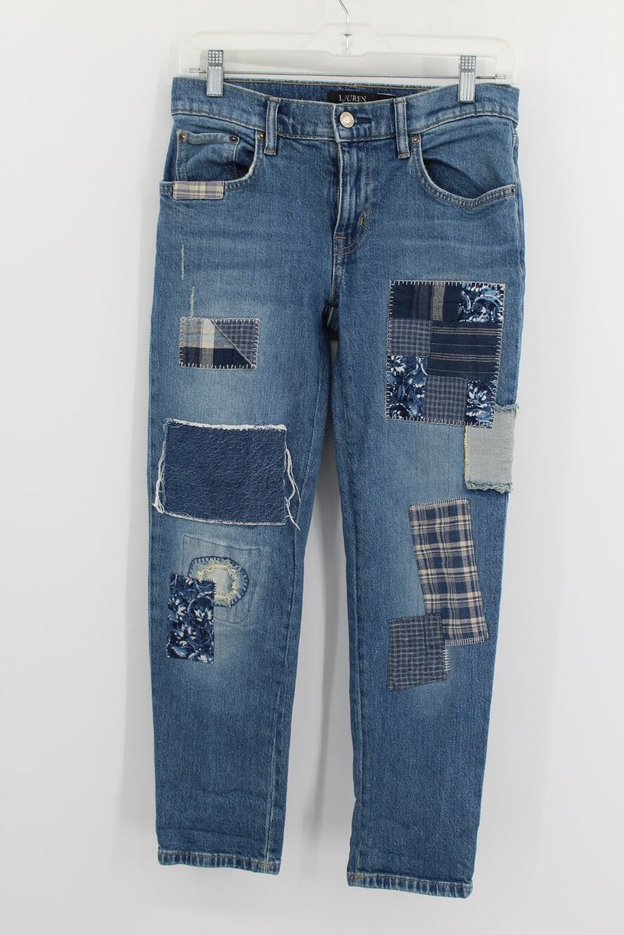 Lauren Ralph Lauren Sz 0 Black Label Patchwork Distressed Relaxed Ankle Jeans